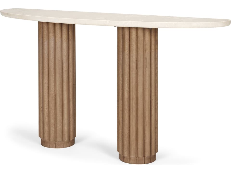 Marbrello Botticino Marble Top Light Brown Fluted Wood Half Moon Console Table