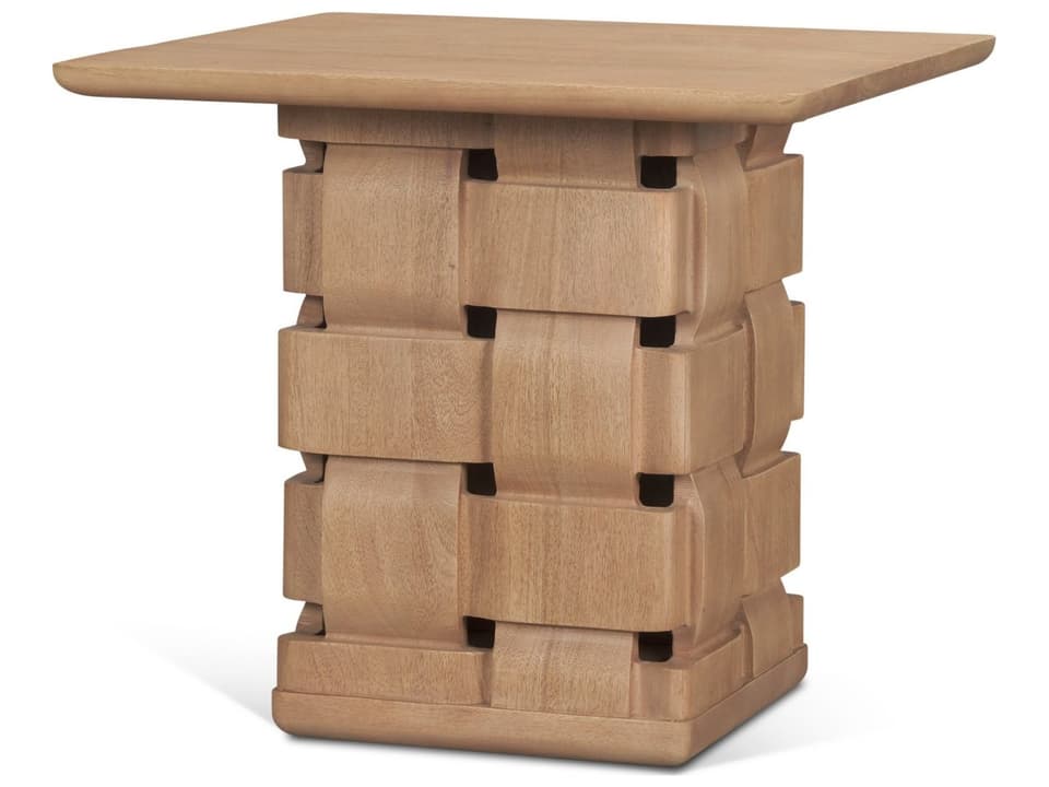 Trellyn Light Brown Wood w/ Carved Woven Base Square Accent Table