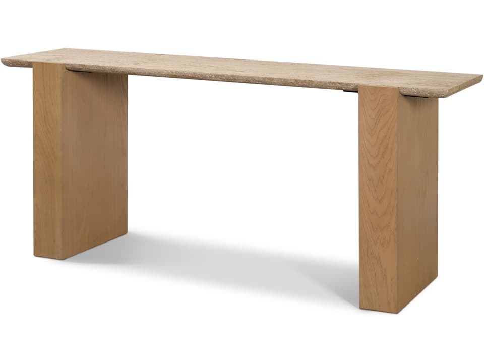 Milos Travertine Top w/ Light Brown Oak Wood Console Table