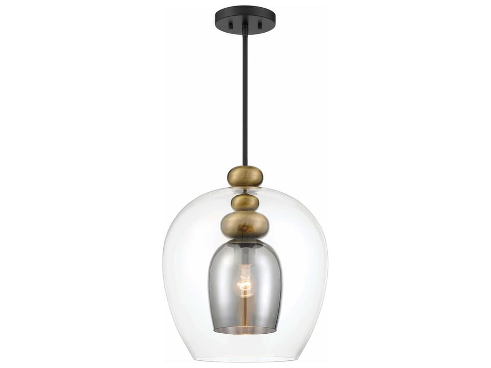 Amesbury 1-Light Smoked Gray Glass Pendant Light in Coal and Oxidized Aged Brass