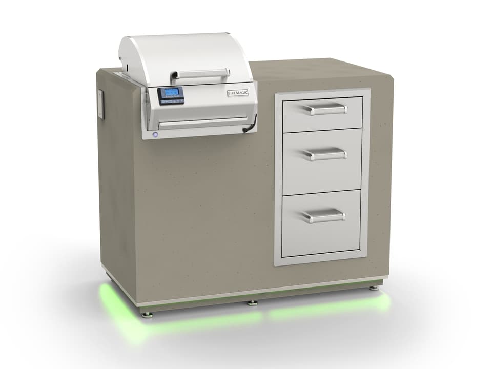 Electric Grill Island Bundle with Triple Drawer and LED Lights in Smoke Finish