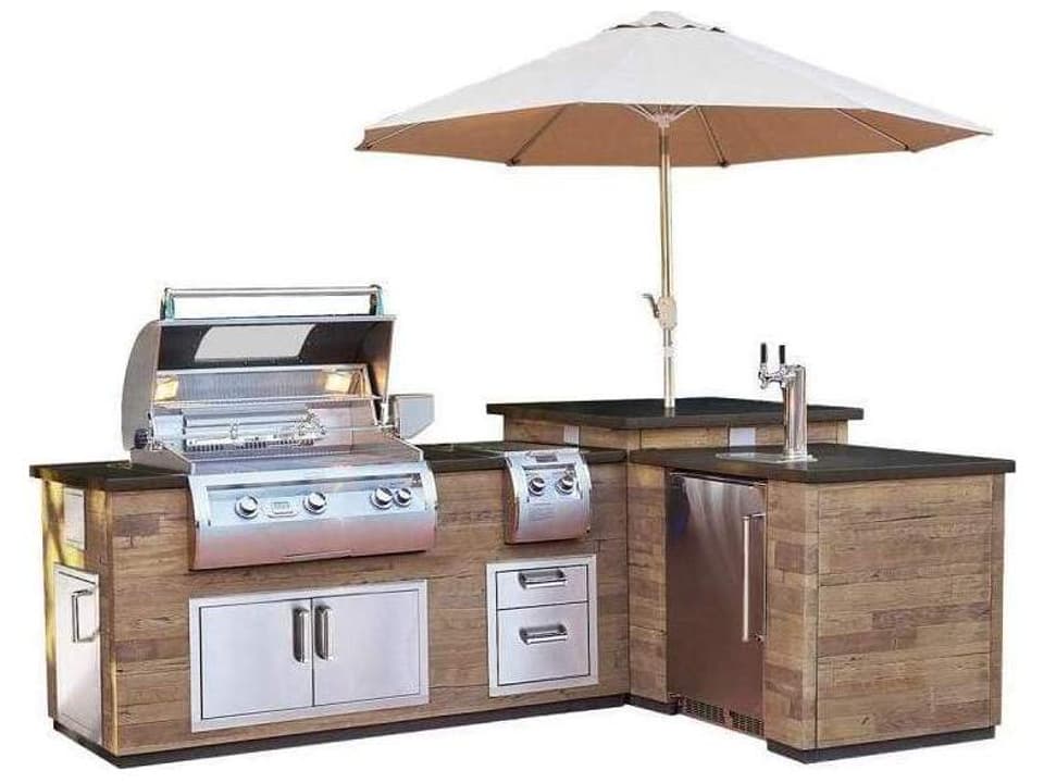 116-Inch L-Shaped Reclaimed Wood Outdoor Kitchen Island with Medium Pantry
