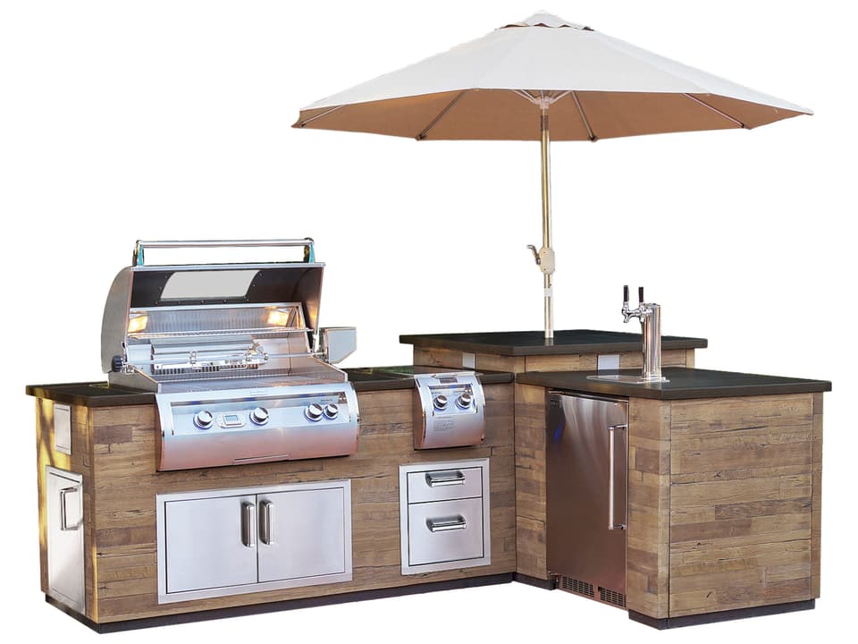 L-Shaped Reclaimed Wood Outdoor Kitchen Island with Kegerator Cutout French Barrel Oak