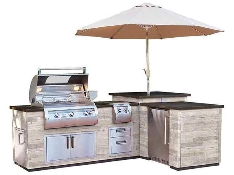 L-Shaped Reclaimed Wood Outdoor Kitchen Island with Kegerator Cut-Out in Silver Pine