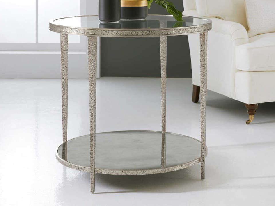 Small Sculpture Round Glass End Table with Antique Aluminum Finish