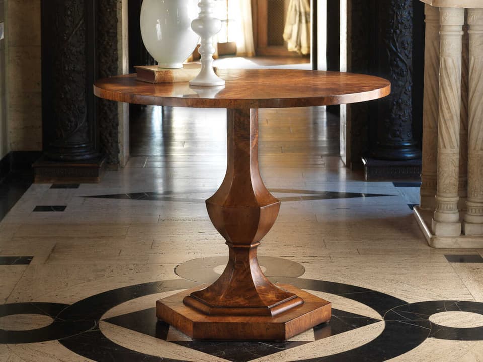Walnut Round Wood End Table with Pie Crust Inlays