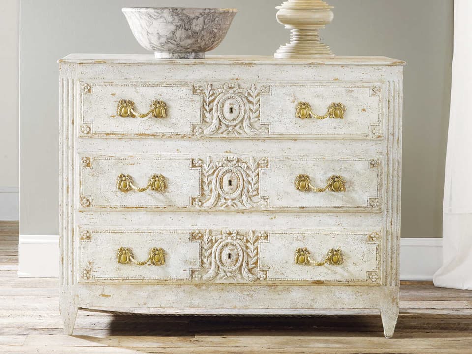 Carved and Painted 3-Drawer Accent Chest in Distressed White