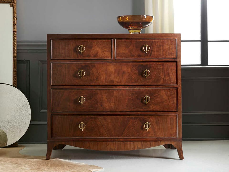 Bowfront Brown Walnut Wood Accent Chest with Brass Hardware