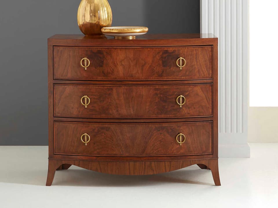 Bowfront 3-Drawer Walnut Wood Accent Chest with Brass Hardware
