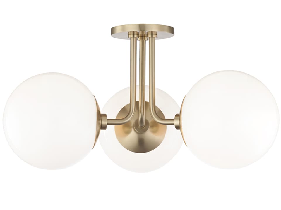 Stella 3-Light Semi-Flush Mount in Aged Brass with Opal Glossy Glass
