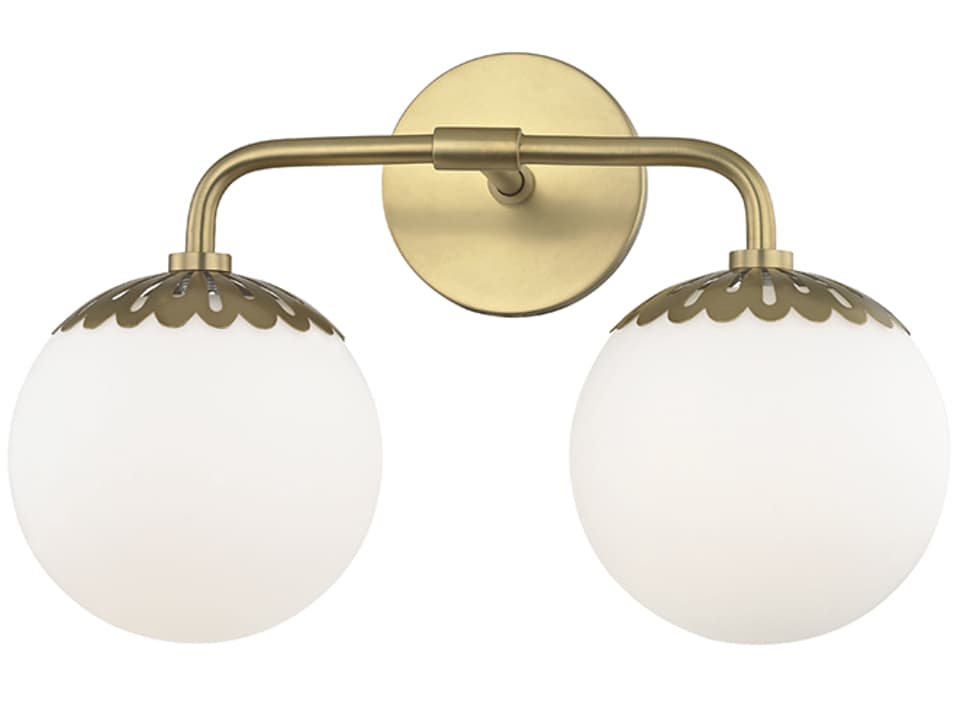 Paige 2-Light 15-Inch Wide Bathroom Vanity Light in Aged Brass with Opal Glass