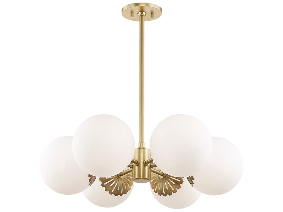 Paige 6-Light Chandelier with Opal Glossy Glass Shades in Aged Brass