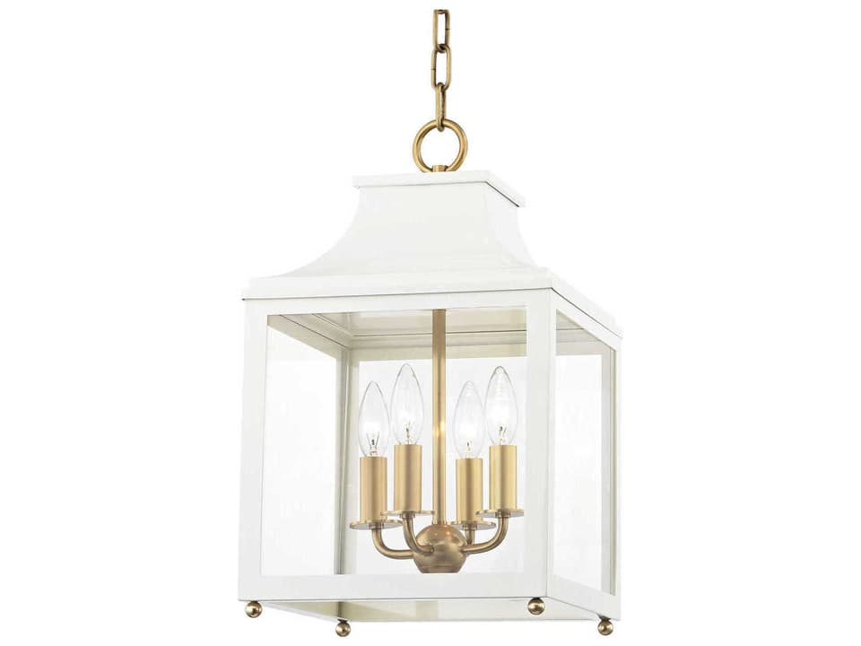 Leigh 4-Light Candelabra Lantern Chandelier in Aged Brass and Soft Off White Glass