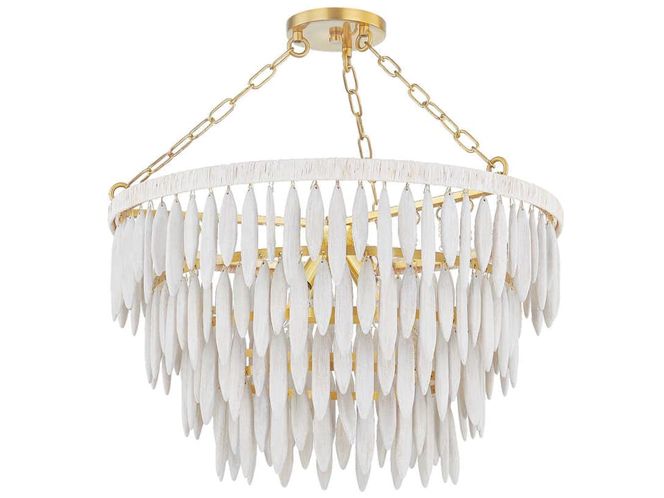 Tiffany 4-Light Chandelier with Whitewashed Wood Beads in Aged Brass