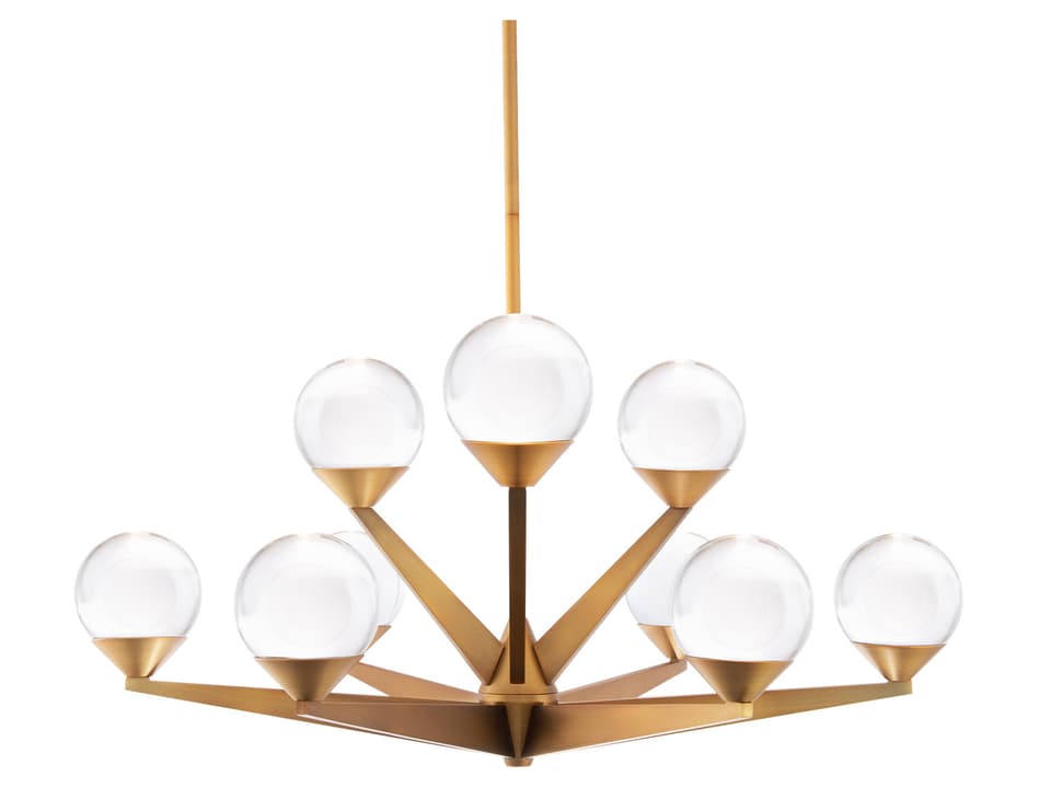 9-Light Double Bubble LED Tiered Chandelier in Aged Brass with Glass Globes