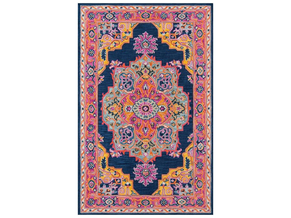Ibiza Hand Tufted Wool Area Rug in Navy with Traditional Medallion Pattern