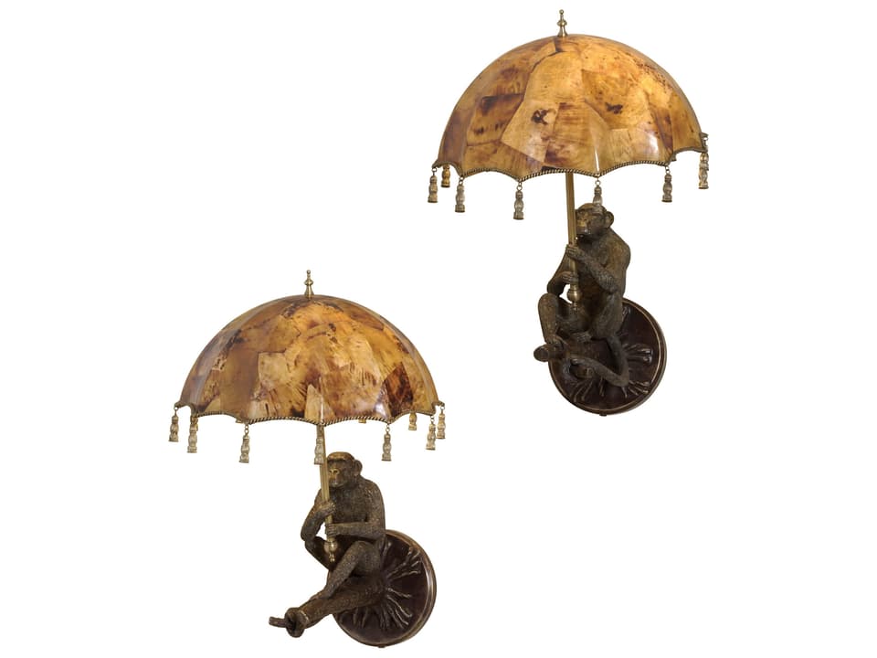 Parasol Sconce Pair with Verdigris Brass Monkeys and Penshell Shades