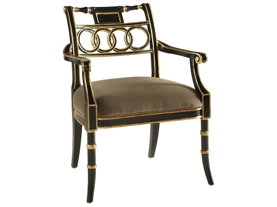 Regency Rubbed Black Lacquer Arm Chair with Taupe Velvet Upholstery