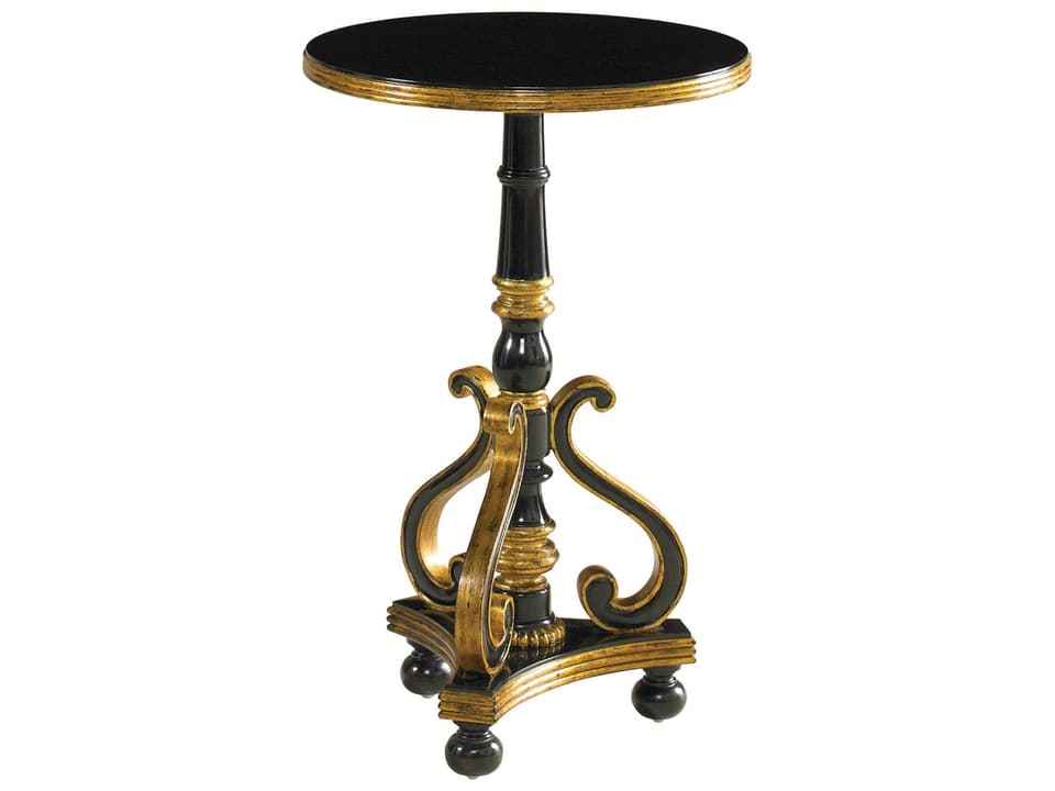 Ivan Round Wood End Table in Ebony with Gold Gilded Accents