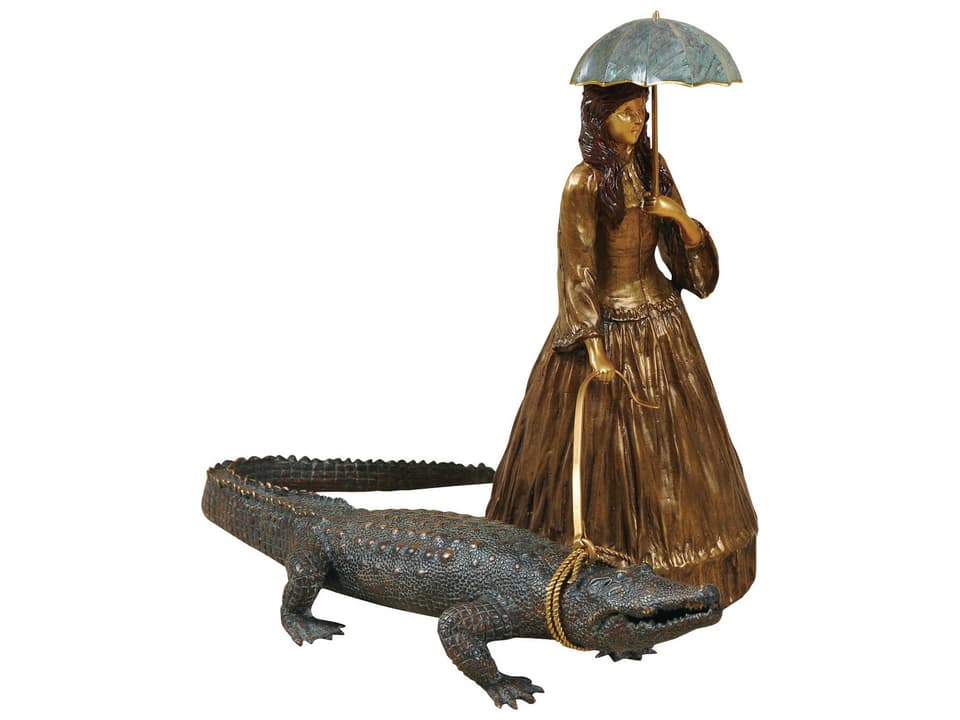Victoria Sculpture Brulee Cast Brass Lady Walking Alligator with Abalone Shell Accents