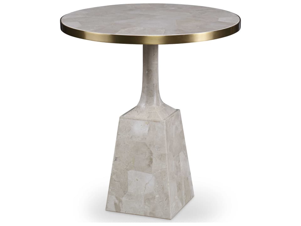 Stone Pedestal Occasional End Table in White Fossil Stone and Brass