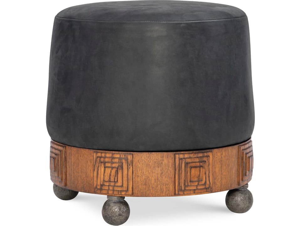 Bongo Black Leather Ottoman with Red Oak and Iron Accents