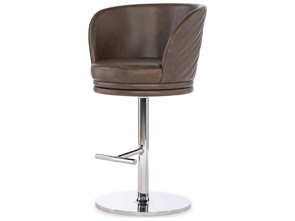 Maitland-Smith Leo Leather Swivel Counter Stool in Warm Grey and Polished Nickel
