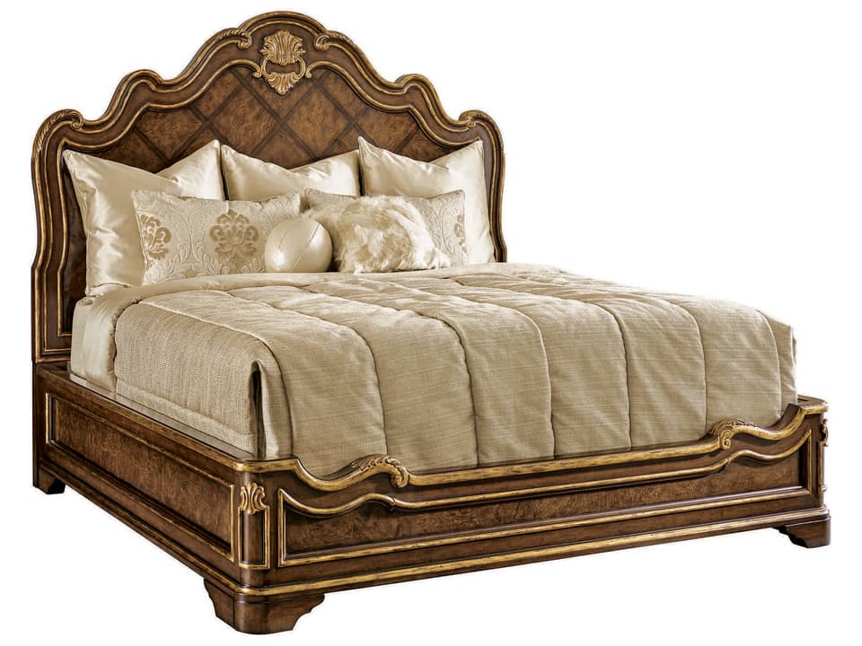 Maitland-Smith Aria King Panel Bed in Mahogany with Ash Burl Veneer Gold Trim