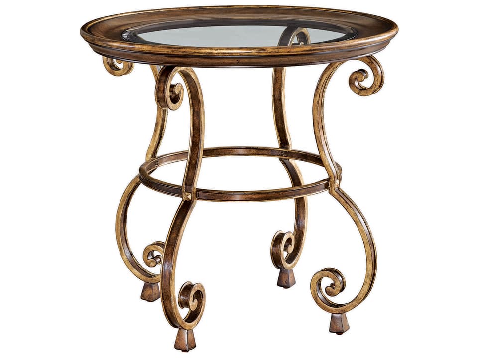 Maitland-Smith Aria Round End Table in Aged Gold and Mahogany