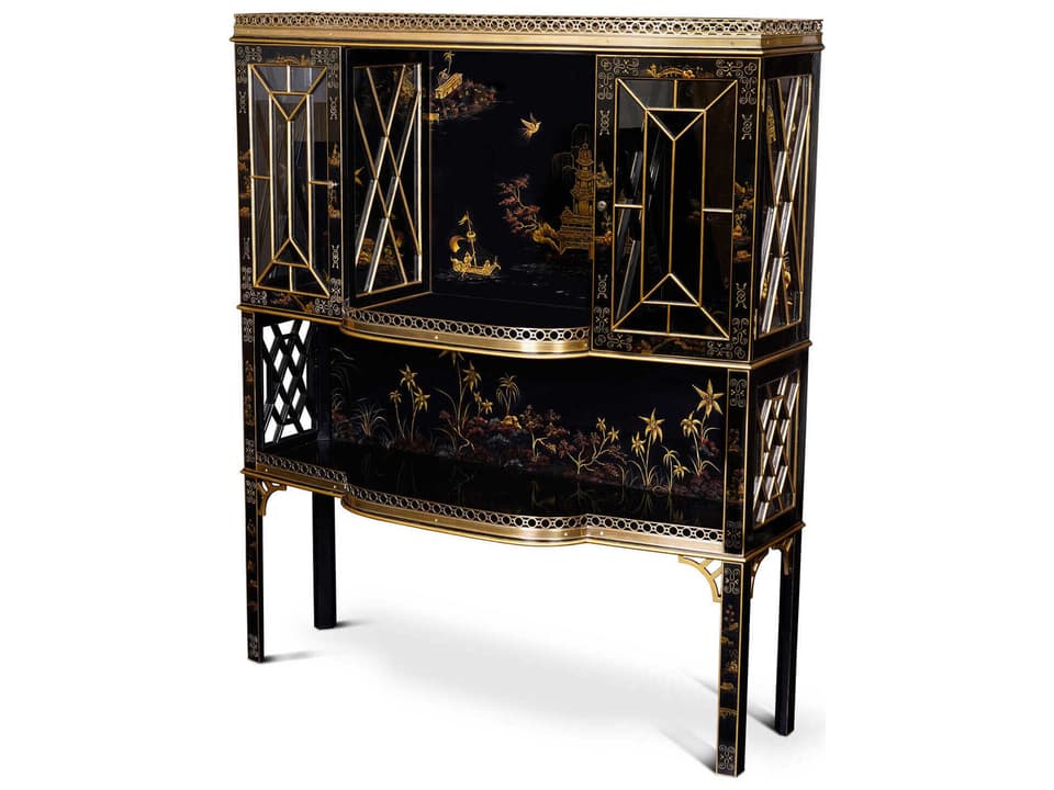 Chinoiserie Black Lacquered Bar Cabinet with Brass Accents