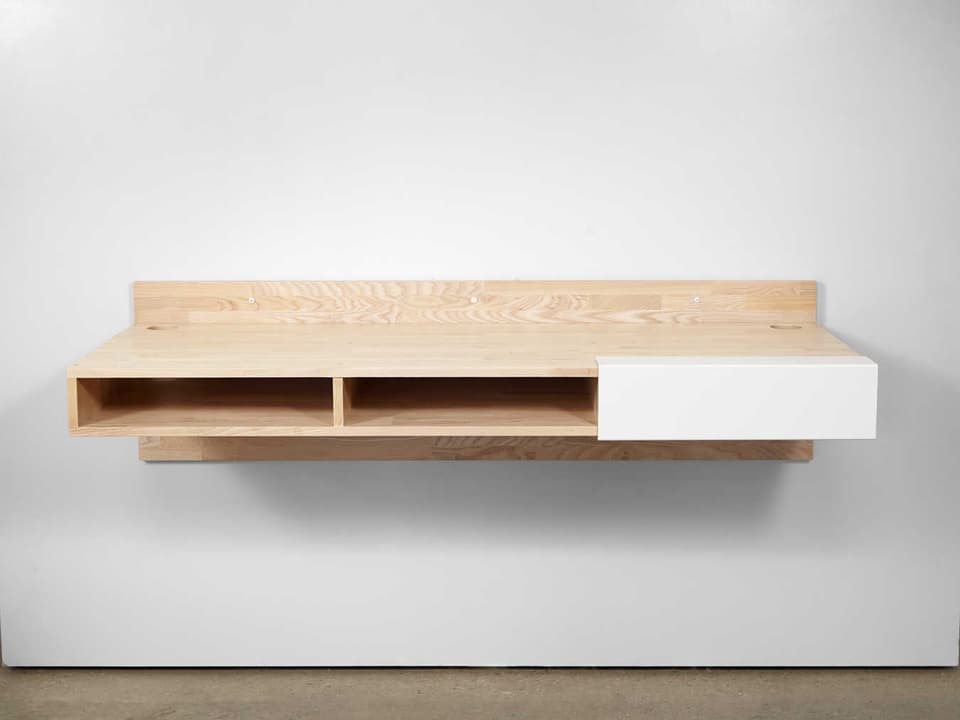 LAXseries Wall Mounted Ash Wood Desk with White Sliding Storage