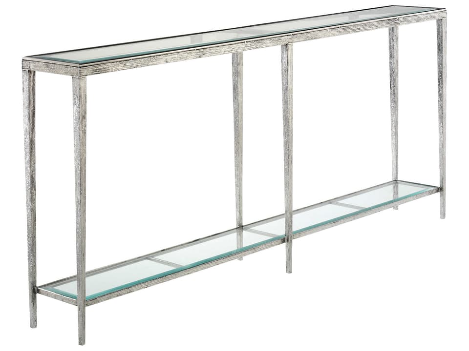 Jinx Large Console Table in Nickel with Glass Top and Shelf