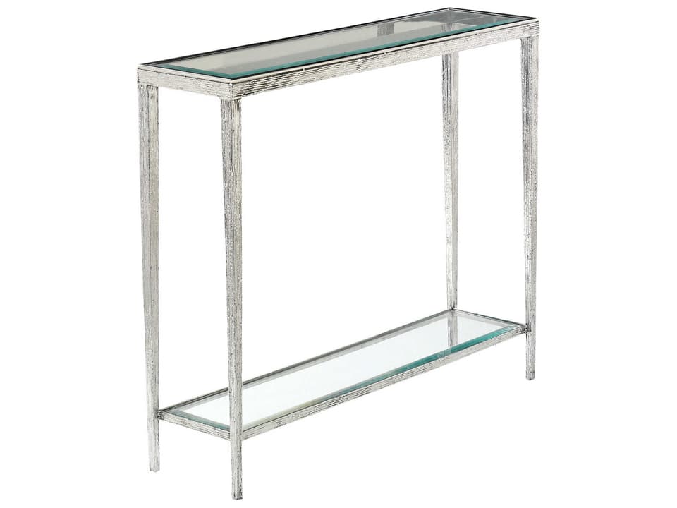 Jinx Small Console Table in Nickel with Glass Top and Shelf