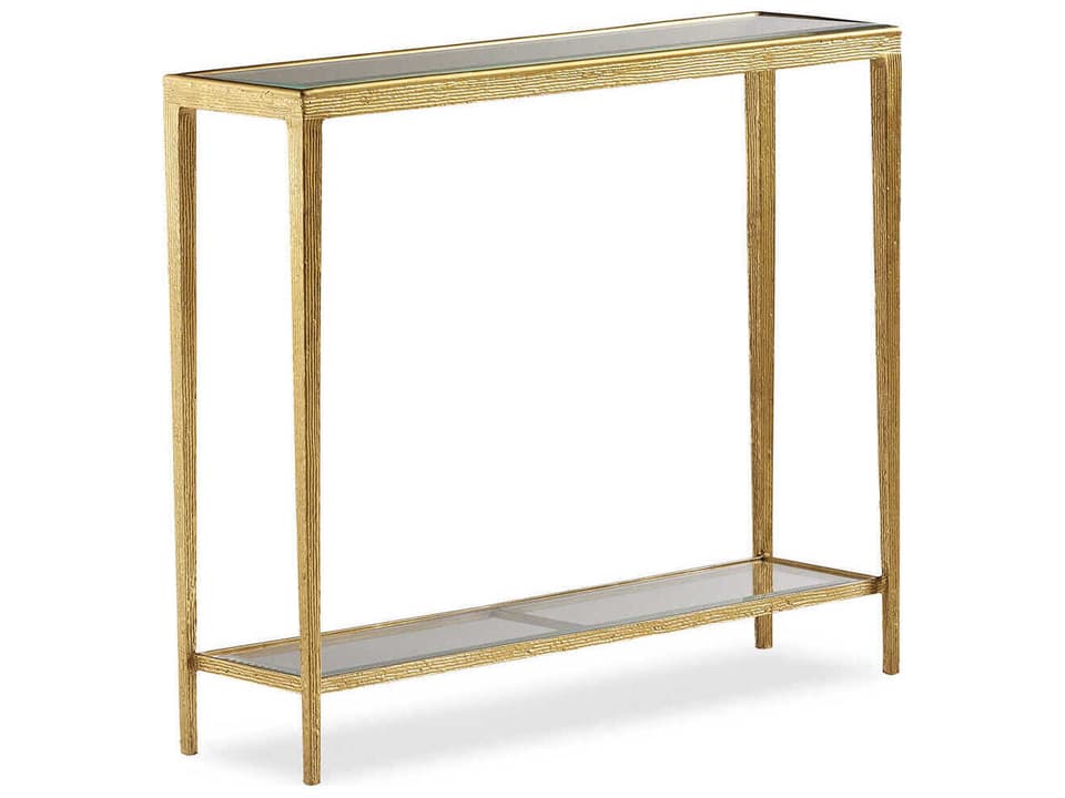 Jinx Small Brass Console Table with Glass Top and Shelf