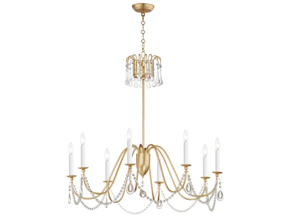 8-Light Plumette Chandelier in Gold Leaf with Crystal Accents