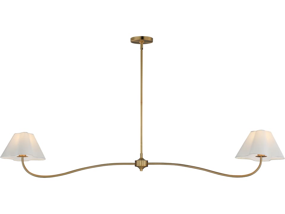 Saxon 2-Light Linear Island Pendant in Natural Aged Brass with White Fabric Shades