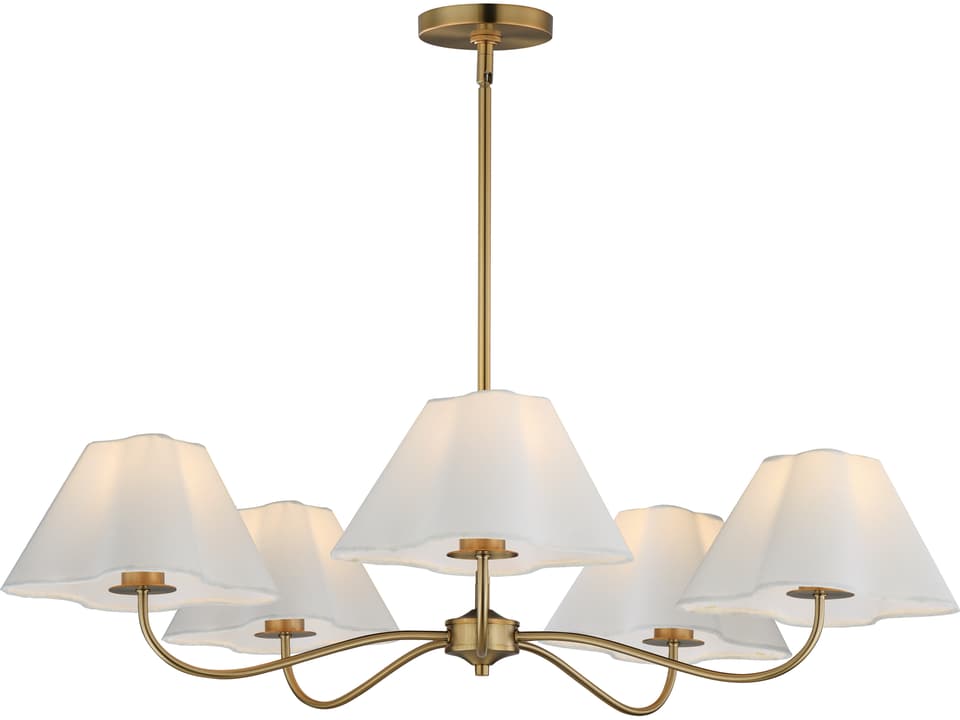 Saxon 5-Light Chandelier in Natural Aged Brass with White Shades