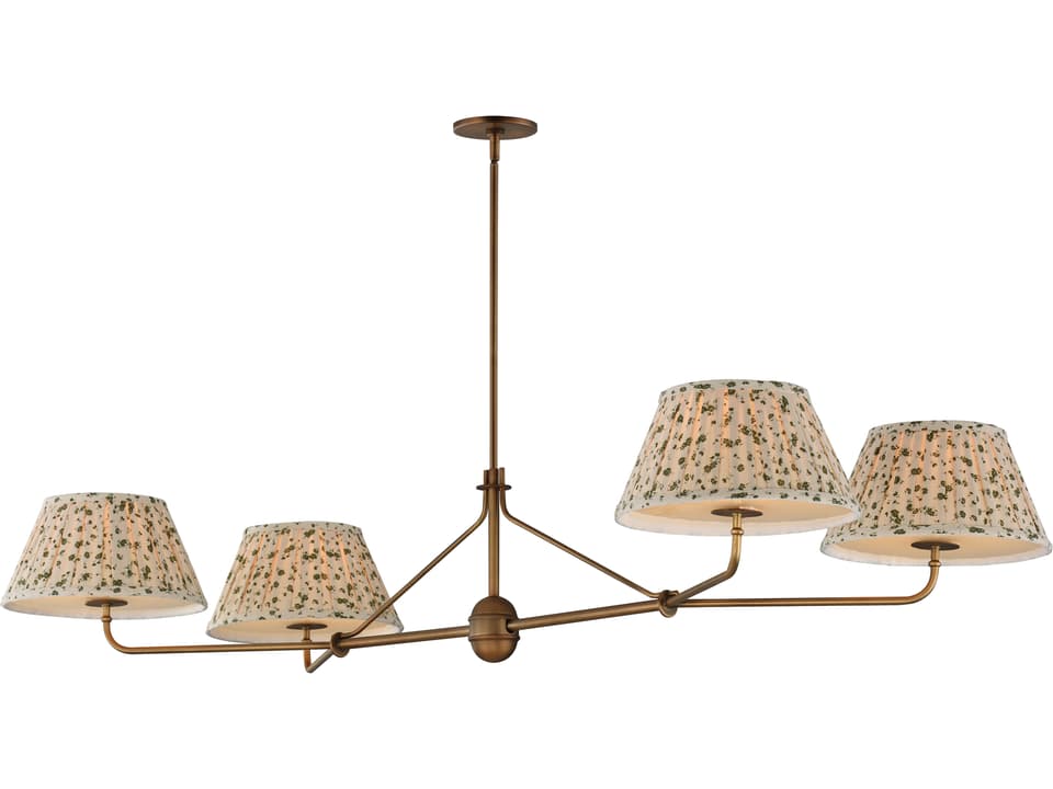 Dunbridge 4-Light Linear Chandelier in Weathered Brass with Off-White Fabric Shades