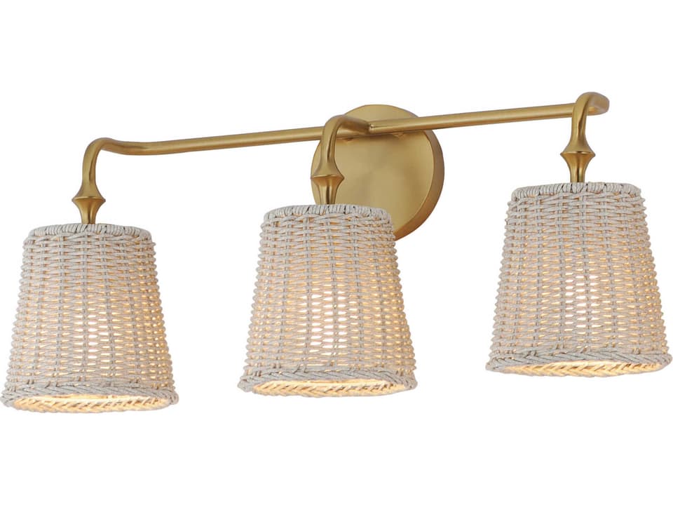 Baja 3-Light Weathered White Rattan Bath Vanity Light in Natural Aged Brass