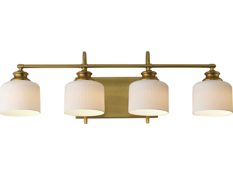 Bisque 4-Light Bath Vanity in Natural Aged Brass with White Shades