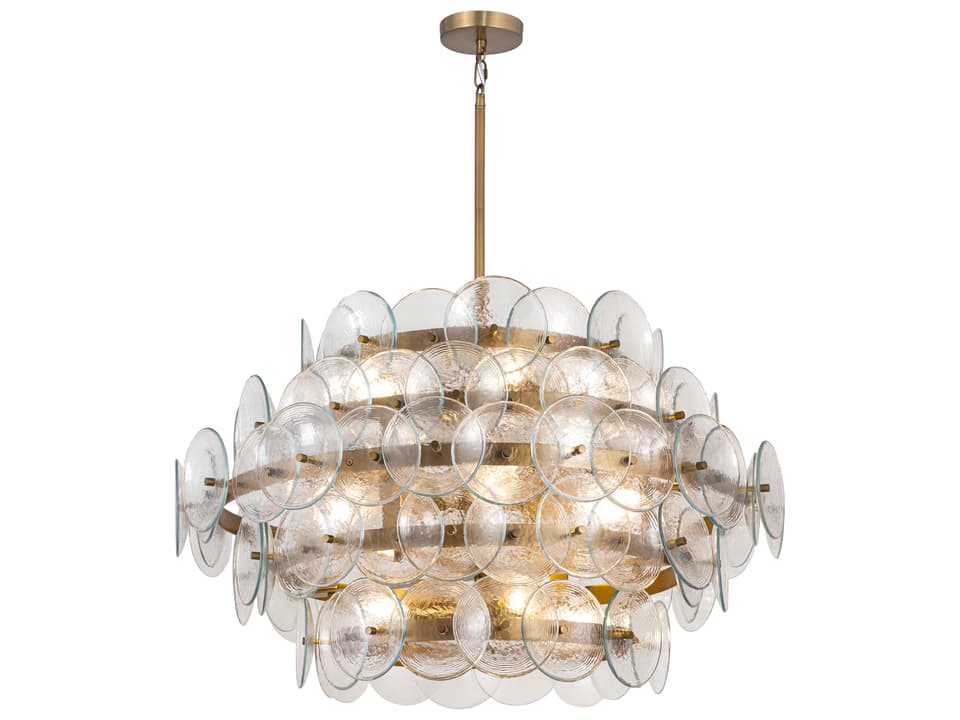 Loren 12-Light Tiered Chandelier in Weathered Brass with Textured Clear Glass