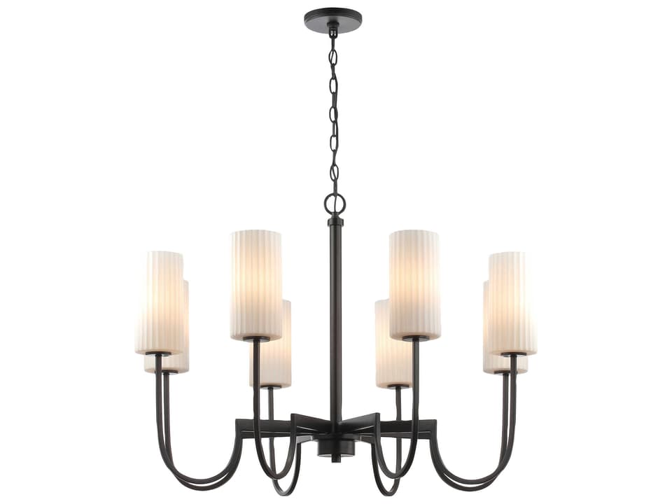 8-Light Town and Country Chandelier in Black with Satin White Glass