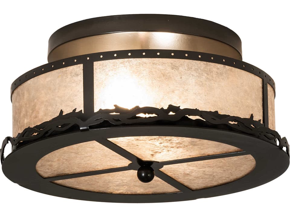 Rustic Prime 2-Light Timeless Bronze Drum Flush Mount with Silver Mica Shade