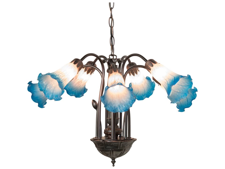 Tiffany 7-Light Pink Blue Tiffany Pond Lily Chandelier in Mahogany Bronze