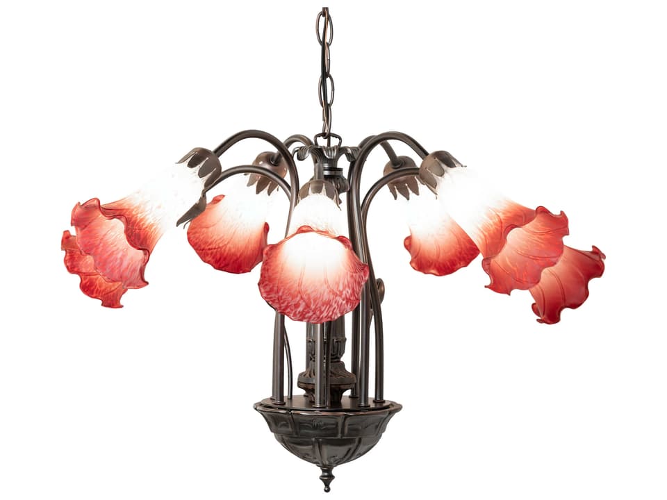 Pink White Tiffany Pond Lily 7-Light Chandelier in Mahogany Bronze