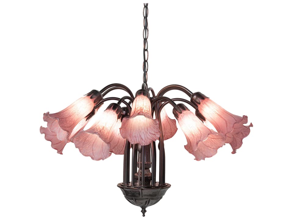 Tiffany 12-Light Lavender Chandelier with Cranberry Red Art Glass in Mahogany Bronze