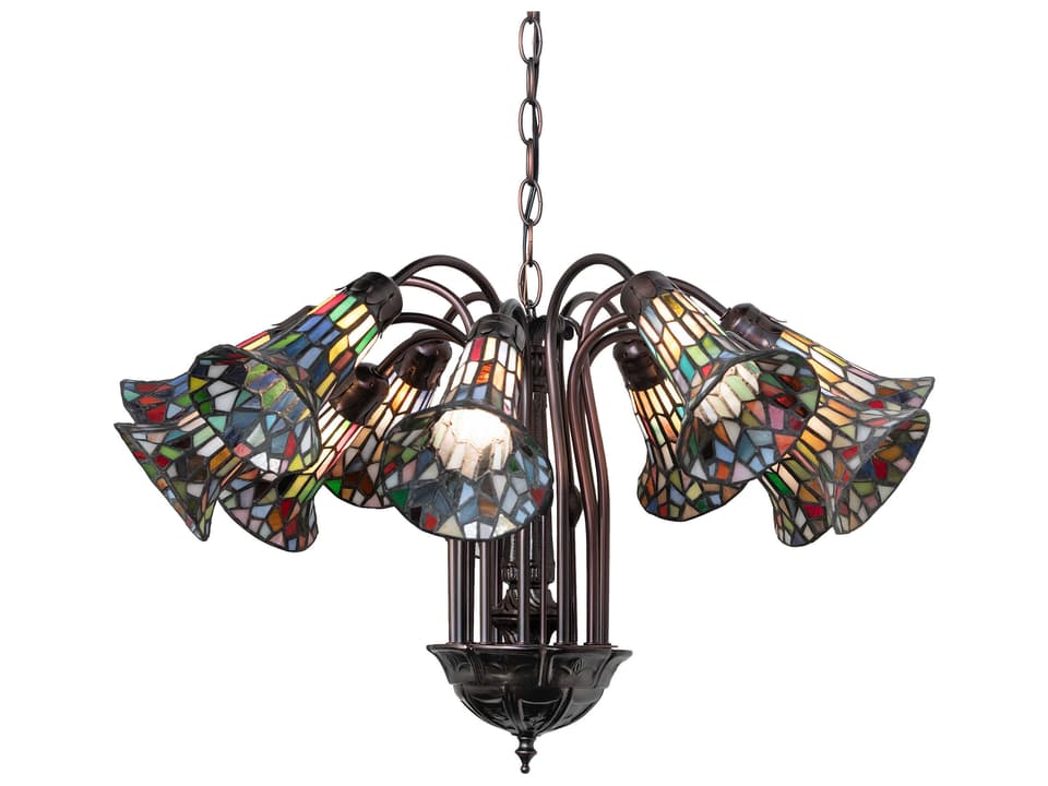 Tiffany Stained Glass Pond Lily 12-Light Chandelier in Mahogany Bronze
