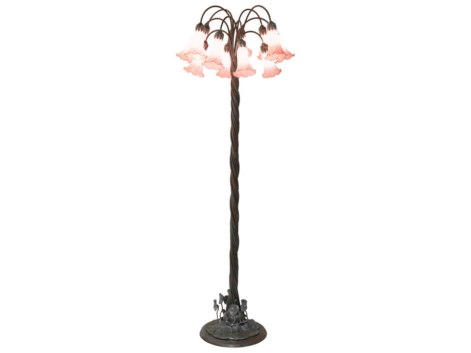 Tiffany Pond Lily 12-Light Floor Lamp in Mahogany Bronze with Pink Art Glass