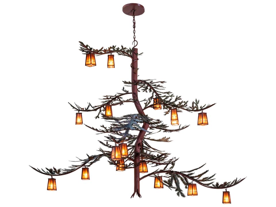 Pine Branch Valley View 18-Light Chandelier in Rust and Green Trees