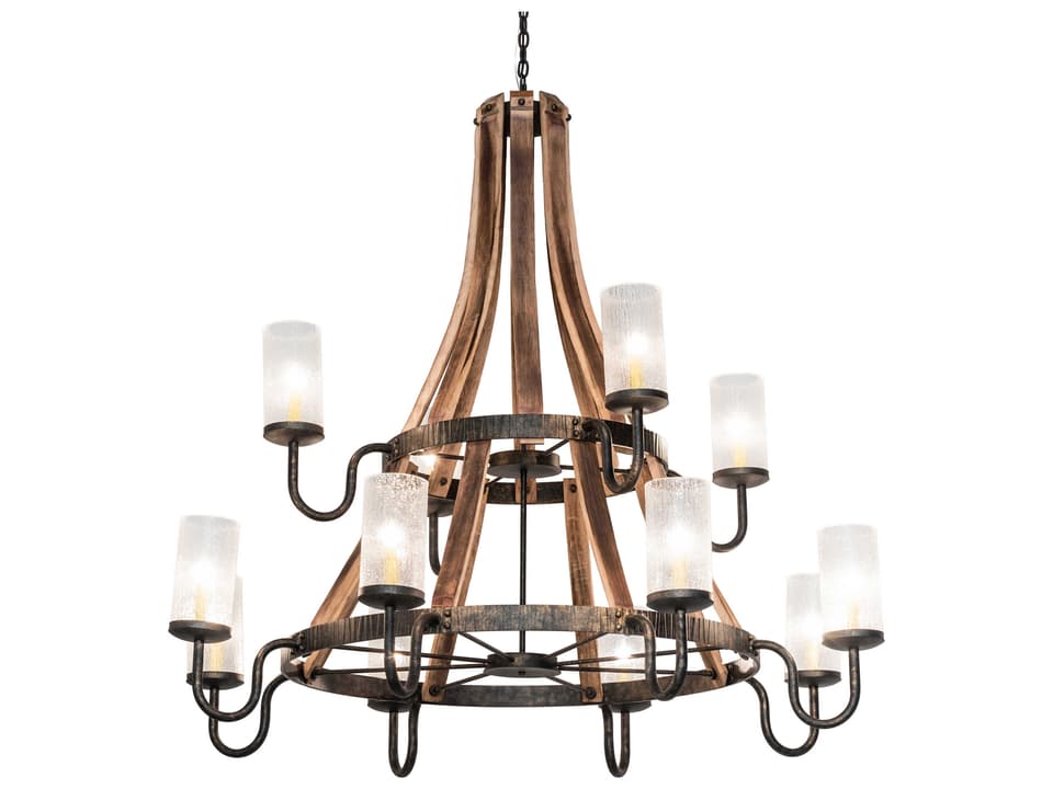 Barrel Stave 12-Light Natural Wood Crystal Cylinder Chandelier